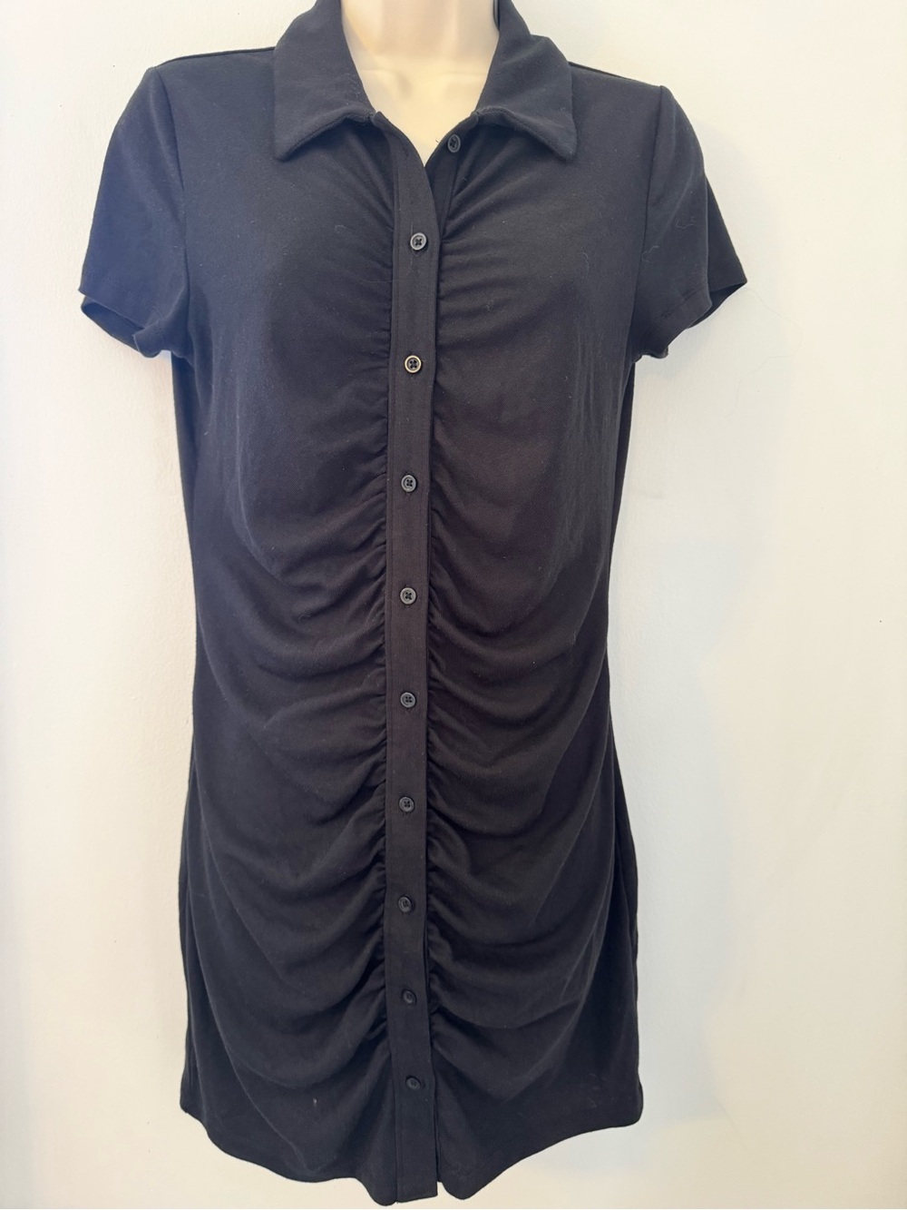 SO Black Ruched Button-Front Short Sleeve Dress